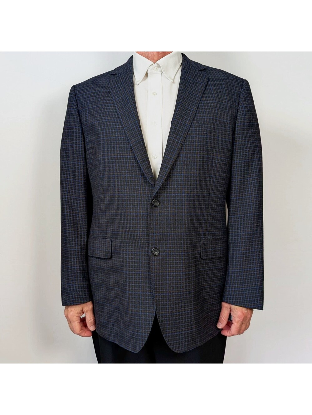 Paul Betenly 46R Navy Windowpane Wool Sport Coat Blazer Italian Fabric 2 Btn